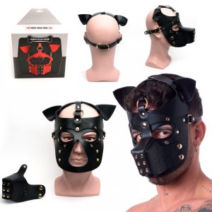 665Leather Puppy Play Hood Puppy Mask Short Ears Black Gold Hardware 665L688400 810001688400 Multiview