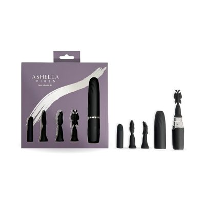 Ashella Vibes Rechargeable Mini Vibrator Kit with 4 Attachments Black ASHV08 9354434000923 Multiview