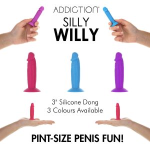 BMS Addiction Silly Willy Novelty 3 Inch Silicone Penis Dong with Suction Cup Pink Purple Blue 87099 677613870995 Multiview