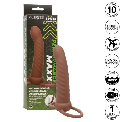 Calexotics Performance Maxx Rechargeable Ribbed Dual Penetrator Dildo Brown SE 1634 11 3 716770109323 Info Multiview