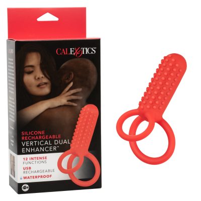 Calexotics Vertical Dual Enhancer Dual Cock and Ball Ring Red SE 1843 40 3 716770104427 Multiview