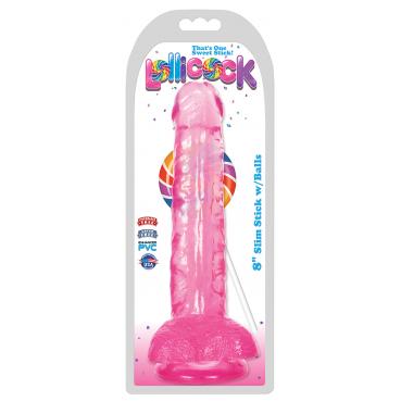 Curve Toys Lollicocks 8 Inch Slim Stick Dong with Balls Cherry Ice Pink CN 14 0516 33 643380985774 Boxview