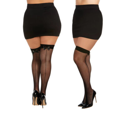 Dreamgirl Diamond Net Thigh Highs Opaque Band Top with Bow Queen Black 0365X 888368308132 Multiview