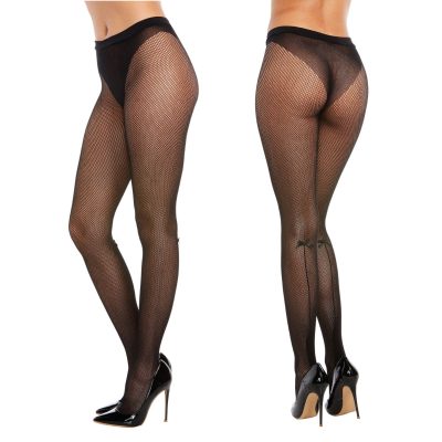 Dreamgirl Fishnet Pantyhose With Solid Knitted Panty with Calf Backseam with Bow OS One Size Black DG0368 OSBLK 888368308033 Multiview