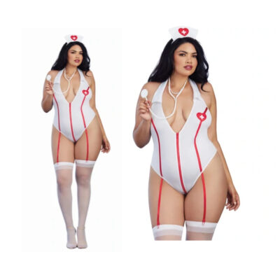 Dreamgirl Lingerie Nurse Naughty Teddy Queen Size White Red DG11530X 888368281152 Multi Detail