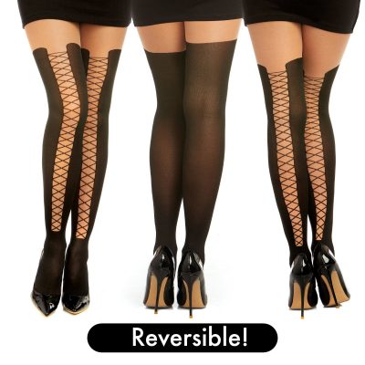 Dreamgirl Sheer Pantyhose With Opaque Lace Up Detail OS One Size Black DG0220 OSBLK 888368021581 Multiview