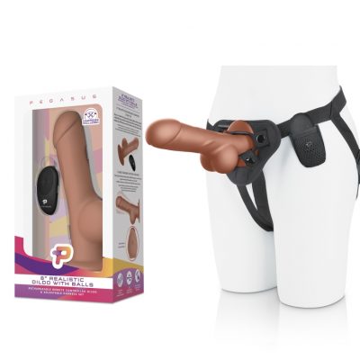 Electric Novelties Pegasus 8 inch remote control realistic silicone dildo with balls and harness Tan Medium Flesh PEG011 4890808255650 Multiview