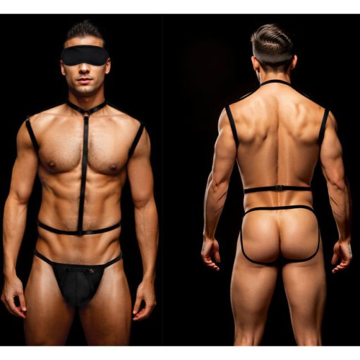 Envy Menswear 3Pc Wet Look Thong Chest Harness and Blindfold Black BLEC13 Multiview