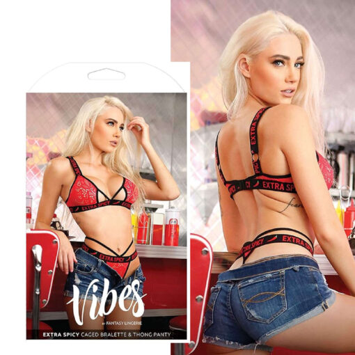 Fantasy Lingerie Extra Spicy Caged Bralette and Cheeky Thong Panty Red Black AF925RED Multiview