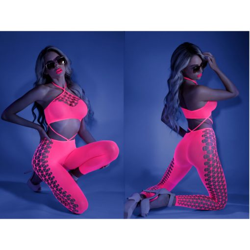 Fantasy Lingerie GLOW Own The Night Halter Top With Attached Footless Tights OS Pink GL2109OS 657447305252 Multiview