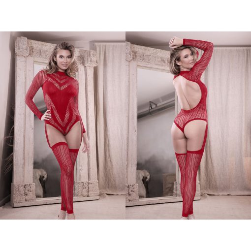 Fantasy Lingerie Sheer Fantasy Longsleeve Teddy Bodystocking One Size OS Red SF978 657447312823 Multiview