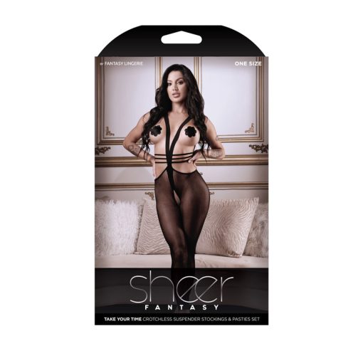 Fantasy Lingerie Sheer Fantasy Take Your Time Crotchless Suspender Stockings and Pasties Set OS Black SF977OS 657447308734 Boxview