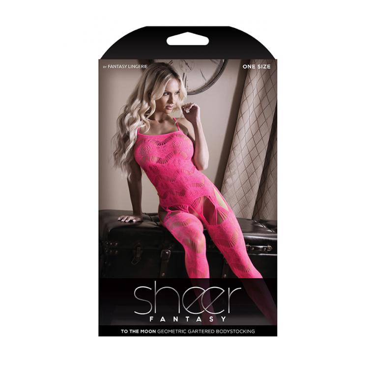 Fantasy Lingerie Sheer Fantasy To The Moon Geometric BodyStocking OS One Size Neon Pink SF926 811432019573 Boxview