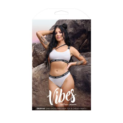 Fantasy Lingerie Vibes Drippin One Shoulder Crop Top and Cheeky Panty Pearl White Black AF974 Boxview