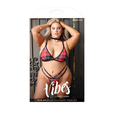 Fantasy Lingerie Vibes Fuck Off Bralette and Thong Set PLUS SIZE QUEEN RED PLAID AF802Q Boxview
