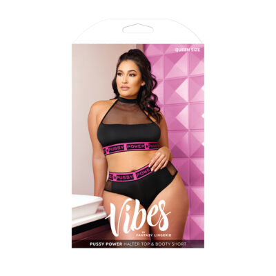 Fantasy Lingerie Vibes Pussy Power Halter Top and Booty Short Black Pink PLUS SIZE QUEEN AF947Q Boxview
