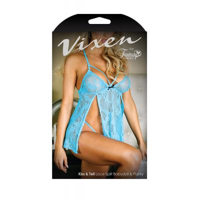 Fantasy Lingerie Vixen Kiss and Tell Lace Split Babydoll OS Blue V743 811432019917 Boxview