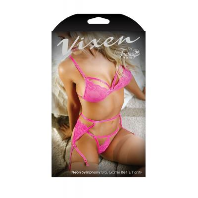 Fantasy Lingerie Vixen Neon Symphony Bra Garter Belt and Panty Set OS Neon Pink V741 811432019856 Boxview
