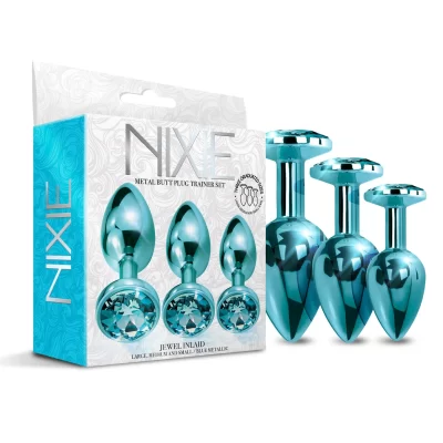 Global Novelties NIXIE 3 Pc Metal Jewel Butt Plug Trainer Set Blue 1000318 850010096933 Multiview