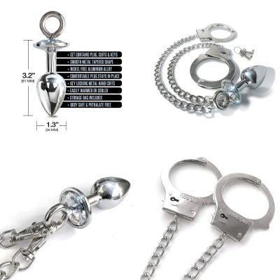 Global Novelties NIXIE Metal Jewel Plug and Cuffs Set Silver 1000324 850010096865 Multi Detail