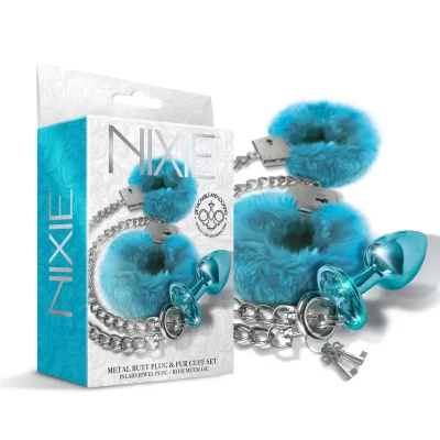 Global Novelties NIXIE Metal Jewel Plug and Furry Cuffs Set Blue 1000321 850010096940 Multiview