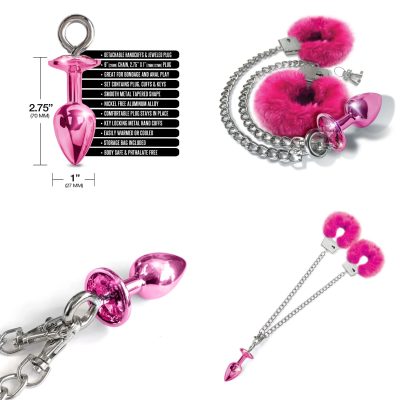 Global Novelties NIXIE Metal Jewel Plug and Furry Cuffs Set Pink 1000323 850010096964 Multi Detail