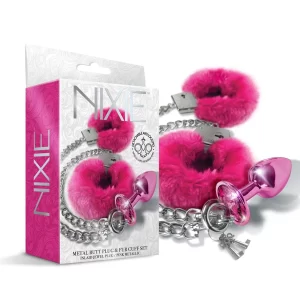 Global Novelties NIXIE Metal Jewel Plug and Furry Cuffs Set Pink 1000323 850010096964 Multiview
