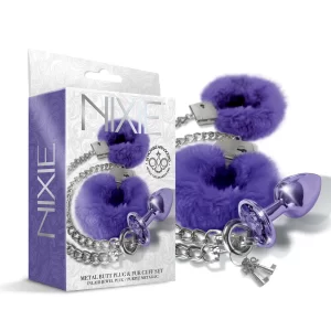 Global Novelties NIXIE Metal Jewel Plug and Furry Cuffs Set Purple 1000322 850010096957 Multiview