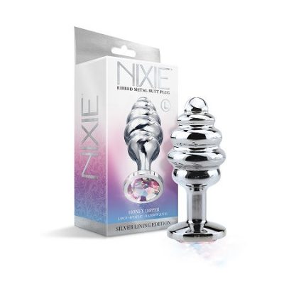 Global Novelties Nixie Honey Dipper Ribbed Jewel Butt Plug Large Silver 1000330 810126930026 Multiview