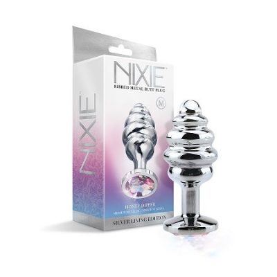 Global Novelties Nixie Honey Dipper Ribbed Jewel Butt Plug Medium Silver 1000329 810126930033 Multiview
