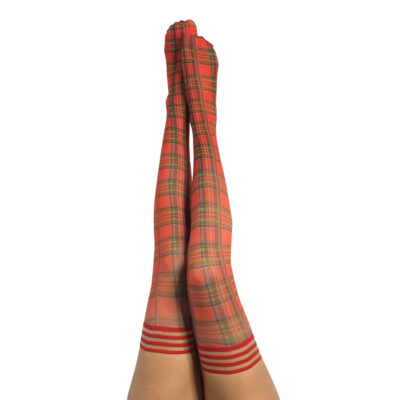 Kixies Grace Striped Band Top Red Plaid Print Stay Up Thigh High Stockings Red Plaid 1332 Detail