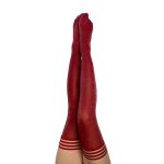 Kixies Holly Silicone Stay Up Striped Band Top Shimmery Thigh High Stockings Cranberry Red Detail
