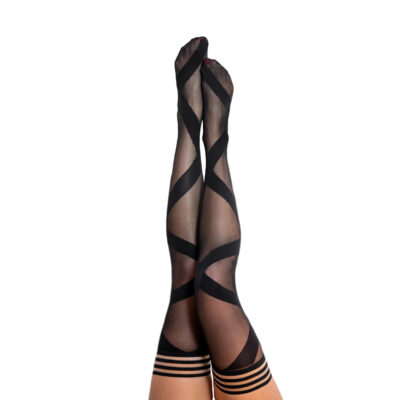 Kixies Jackie Striped Band Top Criss Cross Ribbon Ballet Stay Up Thigh High Stockings Black 1349 Detail