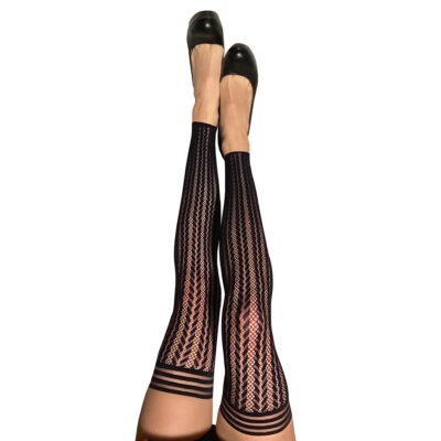 Kixies Lindsay Striped Band Top Knitted Striped Stay Up Thigh High Footless Tights Black 1325 Detail