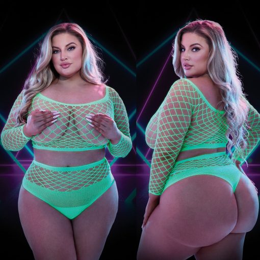 Lapdance Lingerie Glow in the Dark Longsleeve Crop Top and Panty Plus Size Green LC114GIDX 848416012374 Multiview