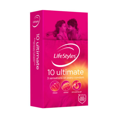 Lifestyles Ultimate Stimulating Ribbed and Dotted Studded Condoms 10Pack 360050 9352417000502 Boxview