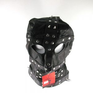 Black Full Leather Hood Open Eyeholes Zipper Mouth and Spikes