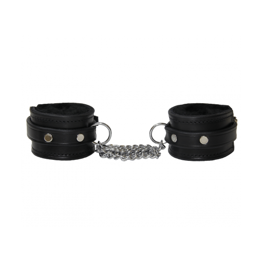 Love In Leather Hand Cuffs Sheepskin Lined Chain Joiner Black HAN013 8114013212113 Detail