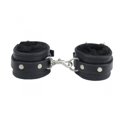 Love In Leather Hand Cuffs Sheepskin Lined Clip Joiner Black HAN007 8114007212112 Detail