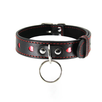 Love in Leather Berlin Baby Faux Leather Choker Collar with Red Heart inlays and centre Ring Black B COL01 2315120100003 Detail