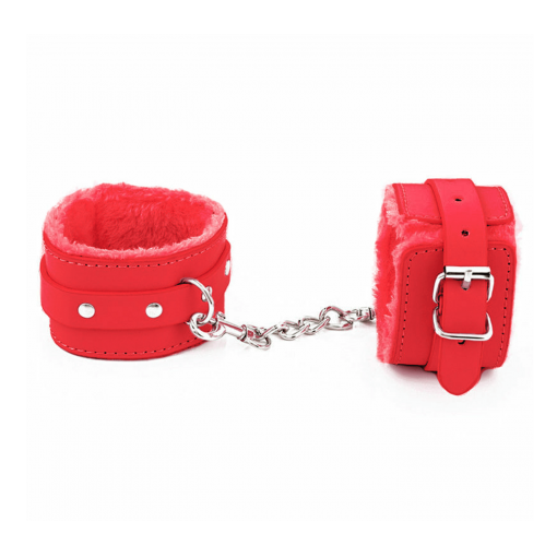 Love in Leather Berlin Baby Fur Lined Faux Leather Hand Cuffs Red HAN02RED 2811402185404 Detail