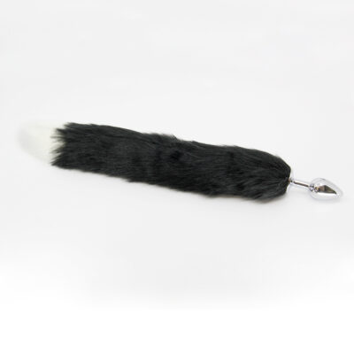 Love in Leather Faux Fur Fox Tail Butt Plug Black White Tipped FOX002BLK 6152400221234 Detail