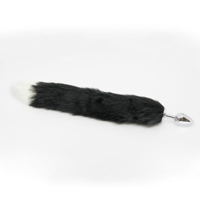 Love in Leather Faux Fur Fox Tail Metal Butt Plug Black White Tipped Size Small FOX002BLKS 6152400221210 Detail