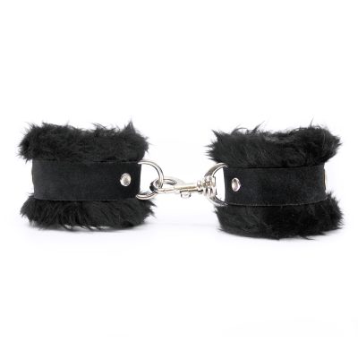 Love in Leather Faux Fur Lined Snap Closure Suede Band Handcuffs Black HAN011BLK 8114011212115 Detail