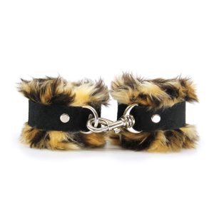 Love in Leather Faux Fur Lined Snap Closure Suede Band Handcuffs Leopard Print HAN011BRN 8114011218148 Detail