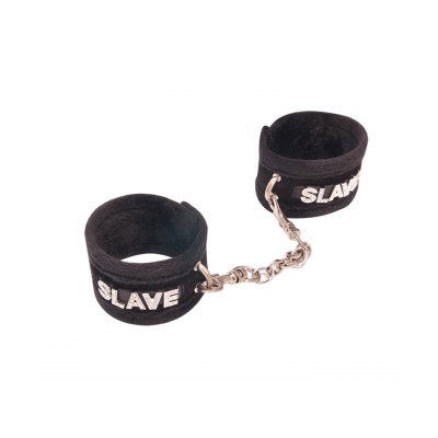 Love in Leather Furry Velcro Diamante Word Cuffs Slave Black HAN016BBLK 8114016221211 Detail