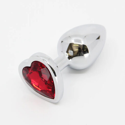 Love in Leather Metal Heart Gem Butt Plug Small Size Silver Red PLU002RED 1612210291858 Detail