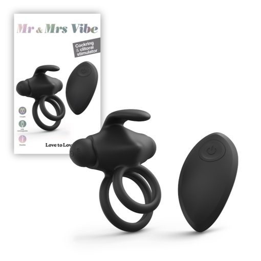 Love to Love Mr and Mrs Vibe Rabbit Ear Vibrating Dual Cock Ring Black 6032046 3700436032046 Multiview