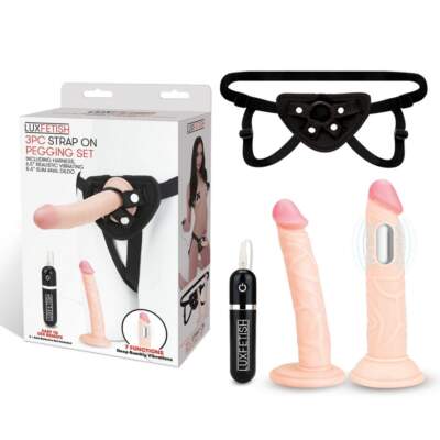 Lux Fetish 3 Pc Pegging Strap On Set with Harness Light Flesh LF1375 4890808233764 Multiview