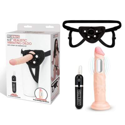 Lux Fetish 6 point 5 inch realistic vibrating dildo strap on harness set Light Flesh LF1373 4890808233740 Multiview